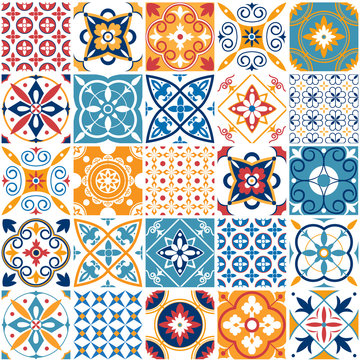 Portugal seamless pattern. Vintage mediterranean ceramic tile texture. Geometric tiles patterns and wall print textures vector set
