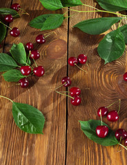Groups of cherries with stems, branch with leaves on table