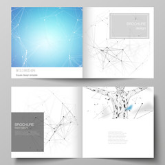 Vector layout of two covers templates for square design bifold brochure, flyer, booklet. Technology, science, medical concept. Molecule structure, connecting lines and dots. Futuristic background