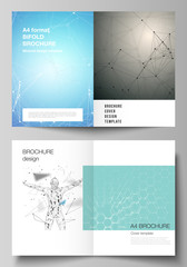 The vector layout of two A4 format cover mockups design templates for bifold brochure, flyer, report. Technology, science concept. Molecule structure, connecting lines and dots. Futuristic background