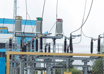 Power transformer in high voltage switchyard in modern electric substation, power station
