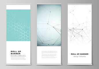 The vector layout of roll up banner stands, vertical flyers, flags design business templates. Technology, science, medical concept. Molecule structure, connecting lines and dots. Futuristic background