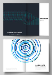 The vector illustration of the editable layout of two A4 format cover mockups design templates with geometric background made from dots, circles for bifold brochure, flyer, booklet, annual report.