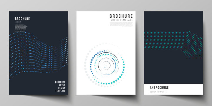 The vector illustration of the editable layout of A4 format cover mockups design templates with geometric background made from dots, circles, rectangles for brochure, magazine, flyer, booklet, report.