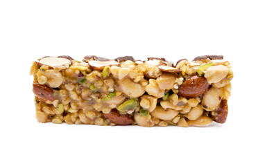 Nut bar with chocolate isolated on white background