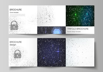 Fototapeta na wymiar The minimal vector layout of two square format covers design templates for trifold square brochure, flyer. Binary code background. AI, big data, coding or hacker concept, digital technology background