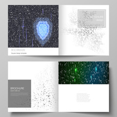 Fototapeta na wymiar The vector layout of two covers templates for square design bifold brochure, magazine, flyer, booklet. Binary code background. AI, big data, coding or hacker concept, digital technology background.