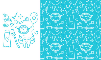 Vector Set Dental care symbols. Seamless pattern and signs isolated on modern color background.