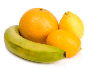 Banana and lemons isolated on white background