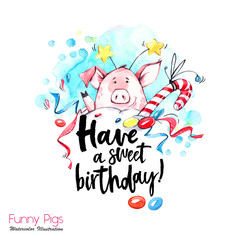 Greeting holidays illustration. Watercolor cartoon pig with birthday lettering and confetti. Funny dessert. Party symbol. Gift. Perfect for T-shirts, invitations, cards, phone cases.