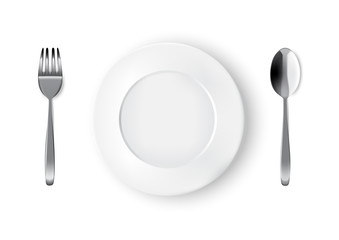 Mock up Realistic White Plate or Dish, Metal Spoon and Fork on Dining Table for food isolated Background.