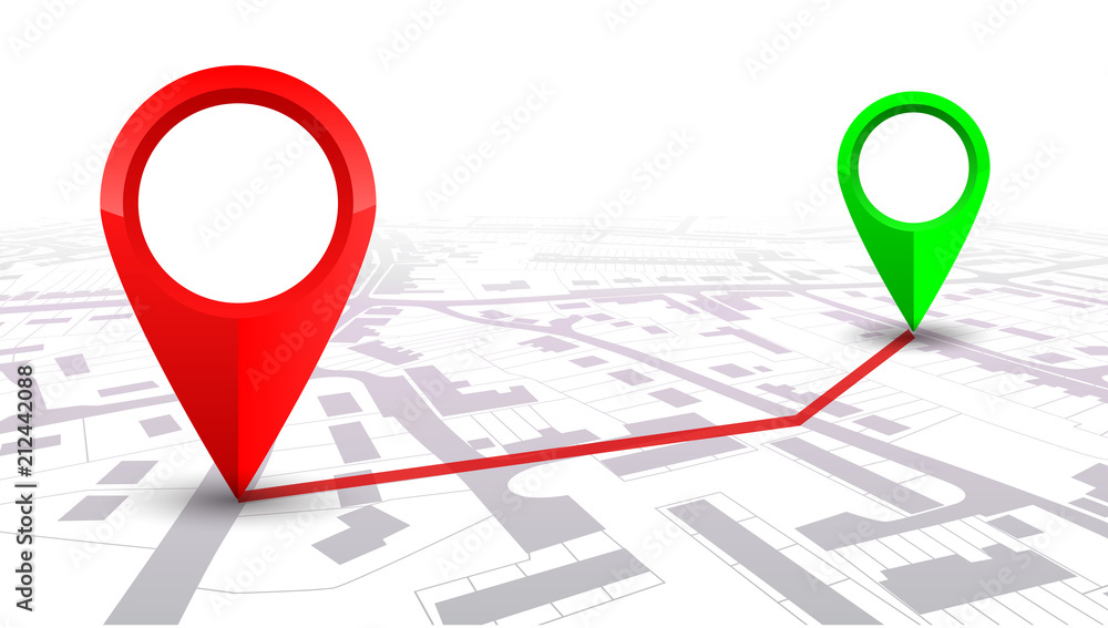Poster Red and green GPS navigator pointer on city map, from place to place – stock vector