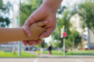 The concept of protecting a child at a pedestrian crossing. A traffic light, a transition. Father...