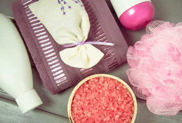 SPA accessories for hygenic and bath in a composition on a gray background.