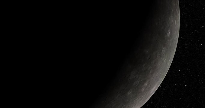 Coming around to the lit side of Mercury, in medium orbit. Long and slow. Reversible, can be rotated 180 degrees. Elements of this image furnished by NASA.