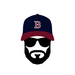 Portrait of Ballplayer man wearing glasses and hat. Mens icon. Vector illustration.
