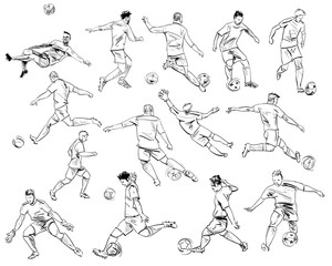 Football players in different poses. Hand drawn sketch. Vector illustration.