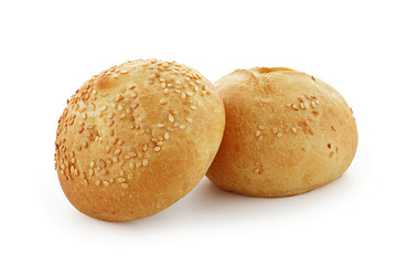two buns with sesame seeds for a sandwich on a white isolated background