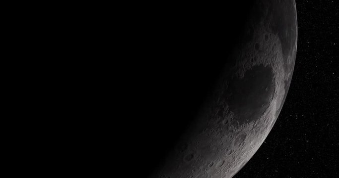 Coming around to the lit side of Earth's Moon, in medium orbit. Long and slow. Reversible, can be rotated 180 degrees. Elements of this image furnished by NASA.