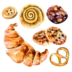 Watercolor baking. Croissant, cookies, bun with poppy seeds, pretzel, chocolate biscuits.  Isolated food illustration on white background.