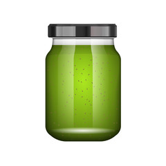 Jam kiwi. Glass jar with jam and configure. Vector illustration. Packaging collection. Label for jam. Bank realistic. Mock up glass jar without design label and logo.