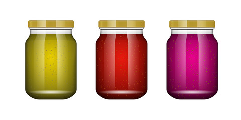 Jam kiwi. Glass jar with jam and configure. Vector illustration. Packaging collection. Label for jam. Bank realistic. Mock up glass jar without design label and logo.