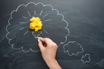 New good ideas, colorful paper ball on a board in empty clouds for inscription
