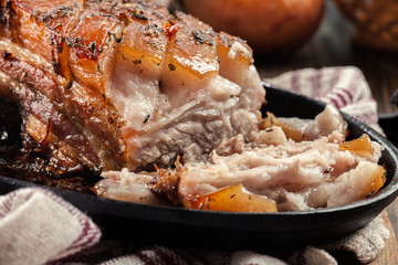 Still hot baked pork belly or bacon