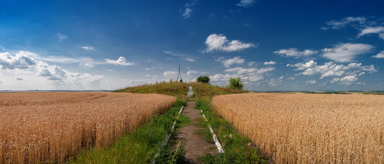 Struve Geodetic Арк for measuring the land in the wheat field of Ukraine. - obrazy, fototapety, plakaty