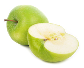 Ripe green apple and slice isolated on a white background