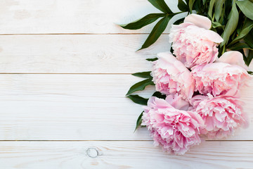 Peonies on a white wooden background with copy space