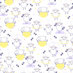 Animal fitness. Seamless pattern with sheeps and sport inventory. Cute background with animal.