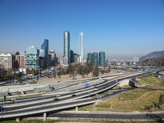 Skyline of financial district of Santiago de Chile. Aerial view from Las Condes