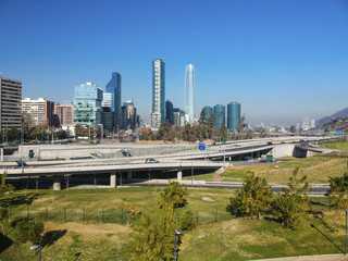 Naklejka premium Skyline of financial district of Santiago de Chile. Aerial view from Parque Bicentenario (Bicentennial Park)