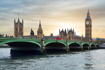 Houses of Parliament, Big Ben and Westminster bridge at sunset, London, United Kingdom