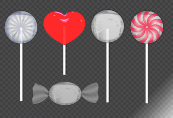 Set of sweets on transparent background - hard candy, bars, candy , lollipop. Vector illustration.