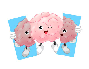 Cute cartoon brain character holding tear of unhealthy brain. Inspiration cartoon brain concept, before and after. Illustration isolated on white background.