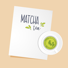 A cup of green Matcha tea on saucer and piece of white paper with space for text. Top view.