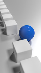 Eine blaue Kugel verl&auml;sst eine Reihe von grauen W&uuml;rfeln. Symbol f&uuml;r den Anfang machen oder sich von der Masse abheben