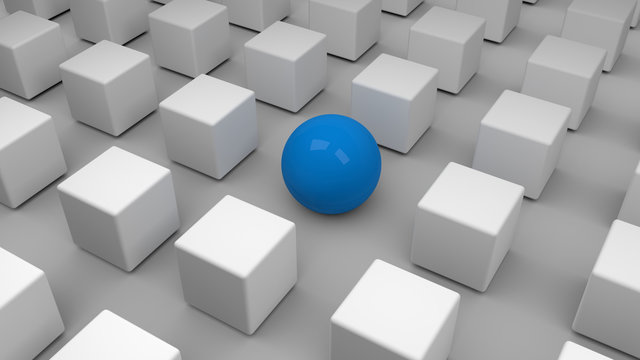 Blaue Kugel umgeben von grauen W&uuml;rfeln. Symbol f&uuml;r Einzigartigkeit und au&szlig;ergew&ouml;hnlich sein.