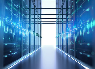  Corridor of  server room 3d illustration with node base programming data  design element.