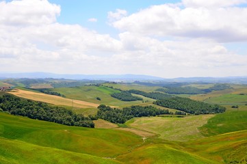 Fototapeta na wymiar Beautiful landscape of hills, cypress trees and houses in Tuscany, Italy