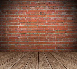 Red Brick wall with wooden floor Background