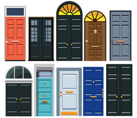 A set of entrance doors in a flat style. Vector illustration Eps10 file