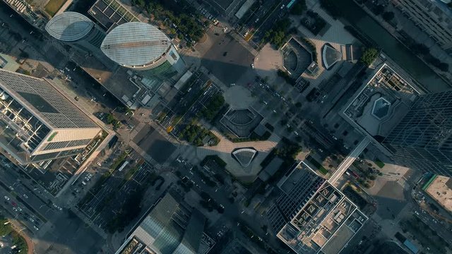 Aerial over city and skyscrapers