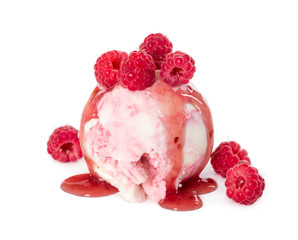 Scoop of raspberry ice cream with fresh raspberries isolated on white