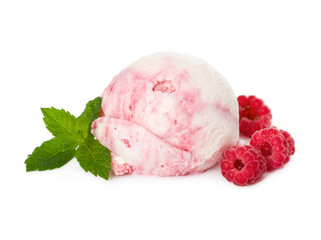 Scoop of raspberry ice cream with fresh raspberries and mint isolated on white