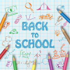 Back to school text drawing on paper graph with hand draw doodle school items and elements and color pencils, vector illustration