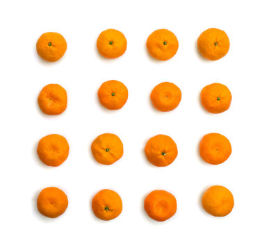 Fresh mandarin oranges on white background. Top view, flat lay