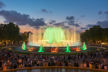 Magic fountain show in Barcelona Montjuic hill, Spain